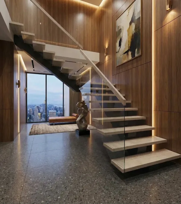 Industrial steel beam floating stair with exposed structure in a NYC loft