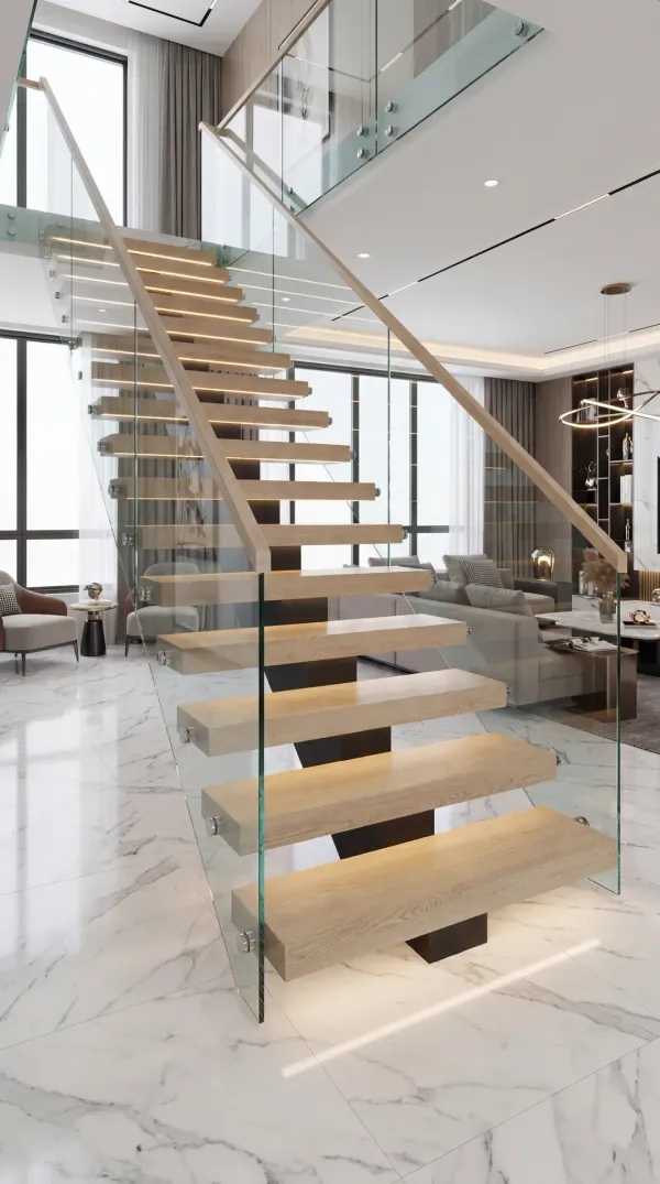 Completed glass tread cantilevered floating staircase in a NYC interior