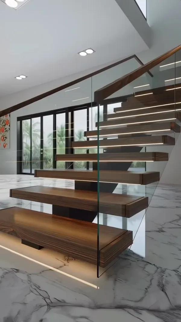 Premium hardwood floating stair treads with warm grain finish